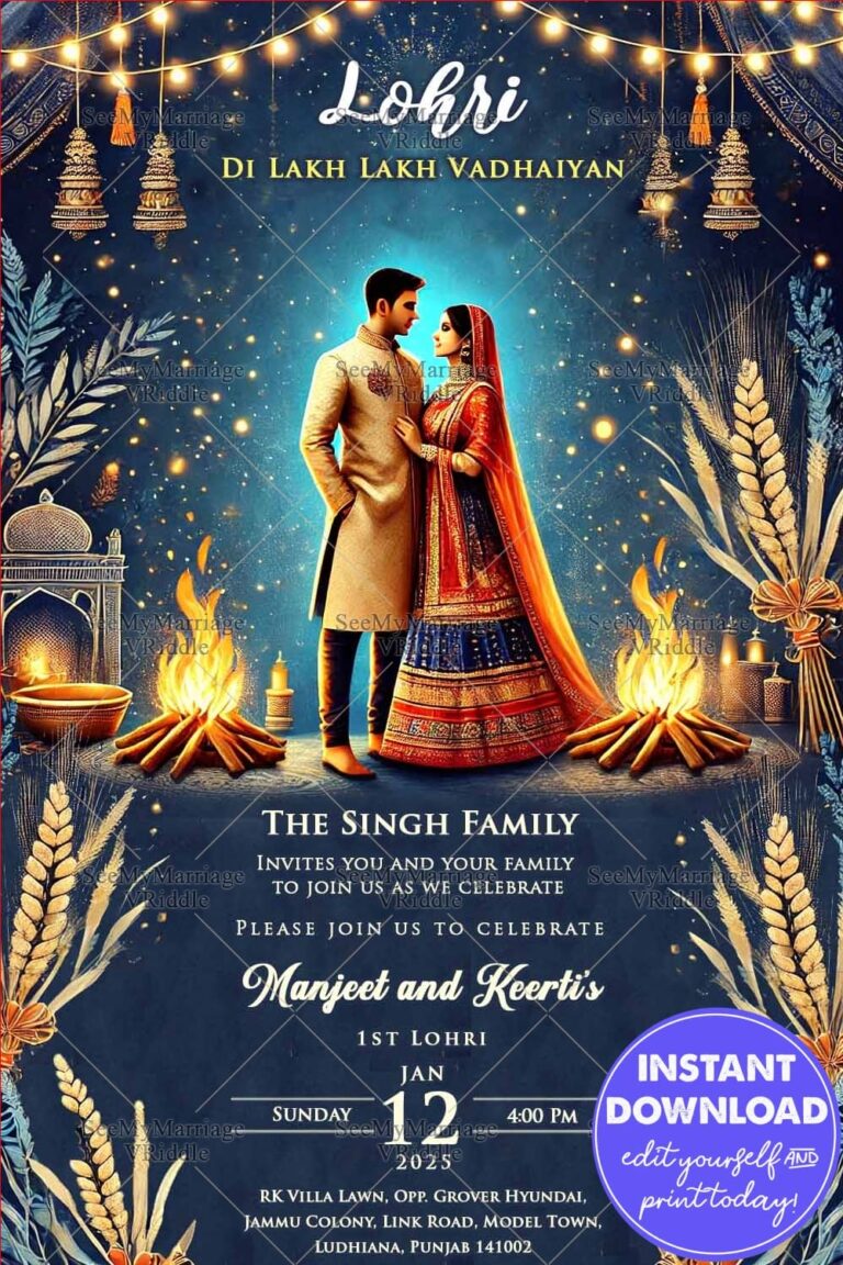 Elegant Lohri Invitation with Romantic Couple, Bonfire and Festive Decor