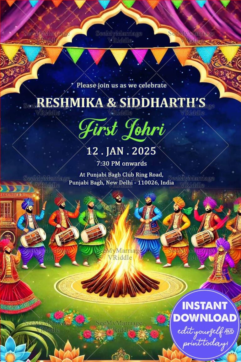 Traditional Lohri Invitation with Dhol Players and Dancers Around Bonfire