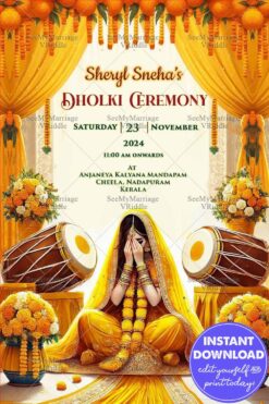 Yellow Themed Dholki Invitation Design with Floral Accents