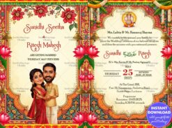 Traditional Lotus Theme Wedding Invitation Card with Couple Caricature, Flowers and Bells