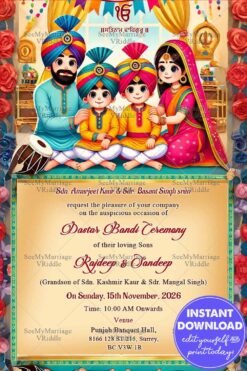 Festive Twins Dastar Bandi Invitation Card with Family and Vibrant Decorations