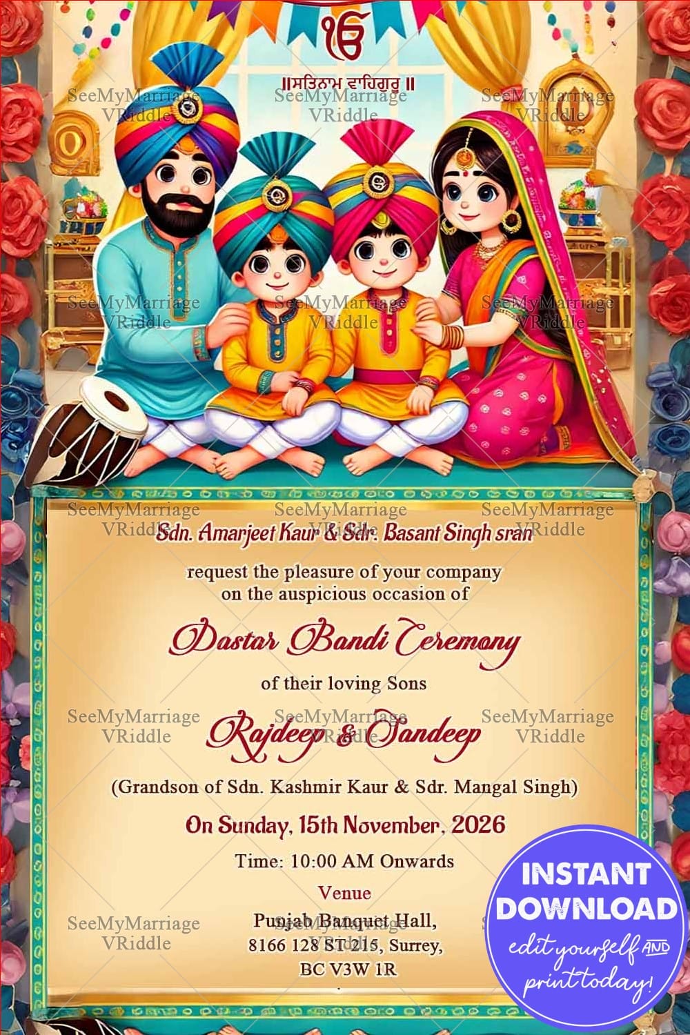 Festive Twins Dastar Bandi Invitation Card with Family and Vibrant Decorations