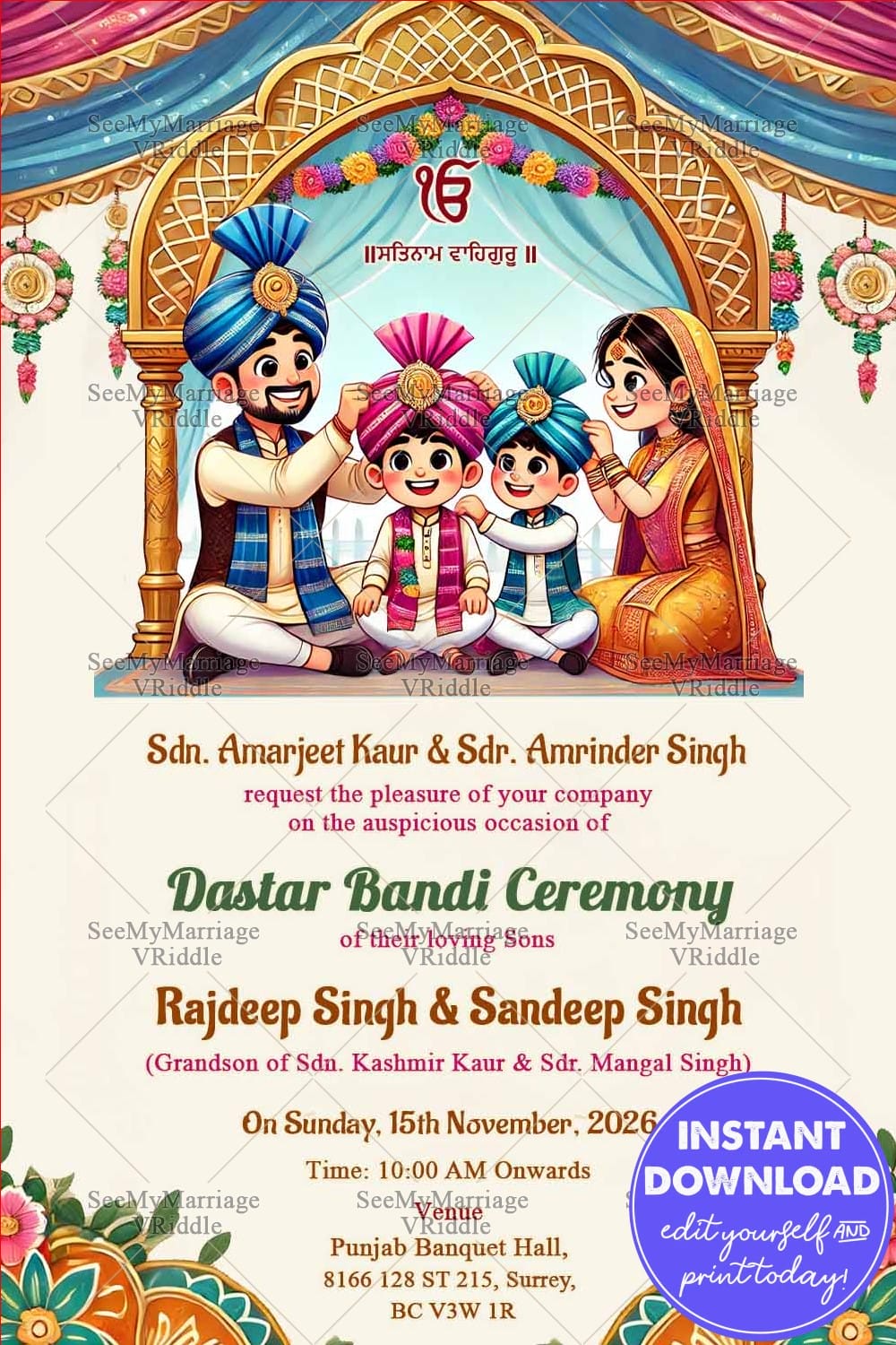 Vibrant Twins Dastar Bandi Invitation Card with Family Illustration