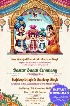 Vibrant Twins Dastar Bandi Invitation Card with Family Illustration