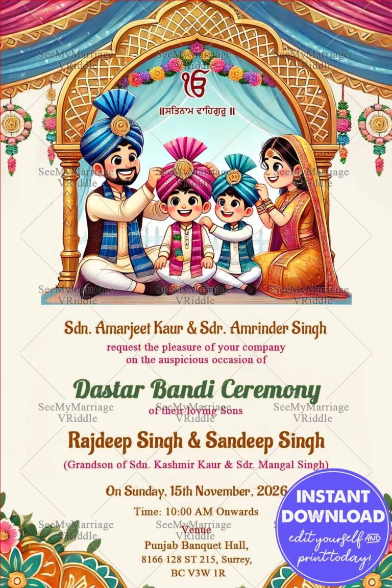 Vibrant Twins Dastar Bandi Invitation Card with Family Illustration