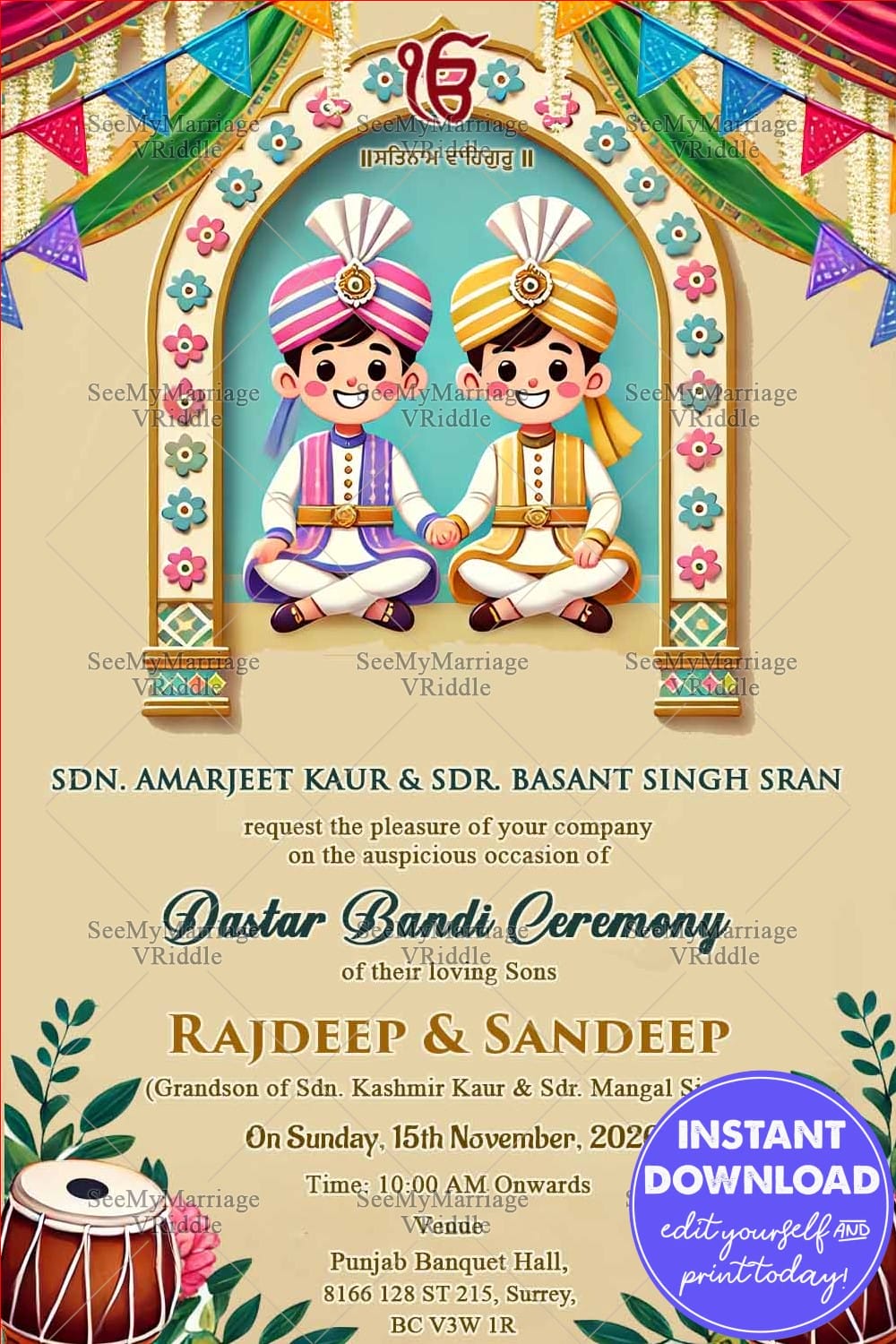 Twins Dastaar Bandi Invitation Card with Cartoon Boys Design and Floral, Drum