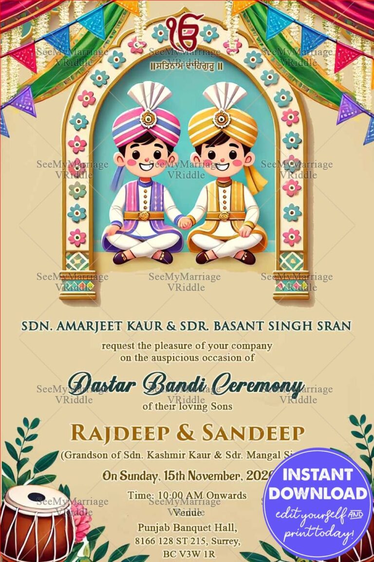 Twins Dastaar Bandi Invitation Card with Cartoon Boys Design and Floral, Drum