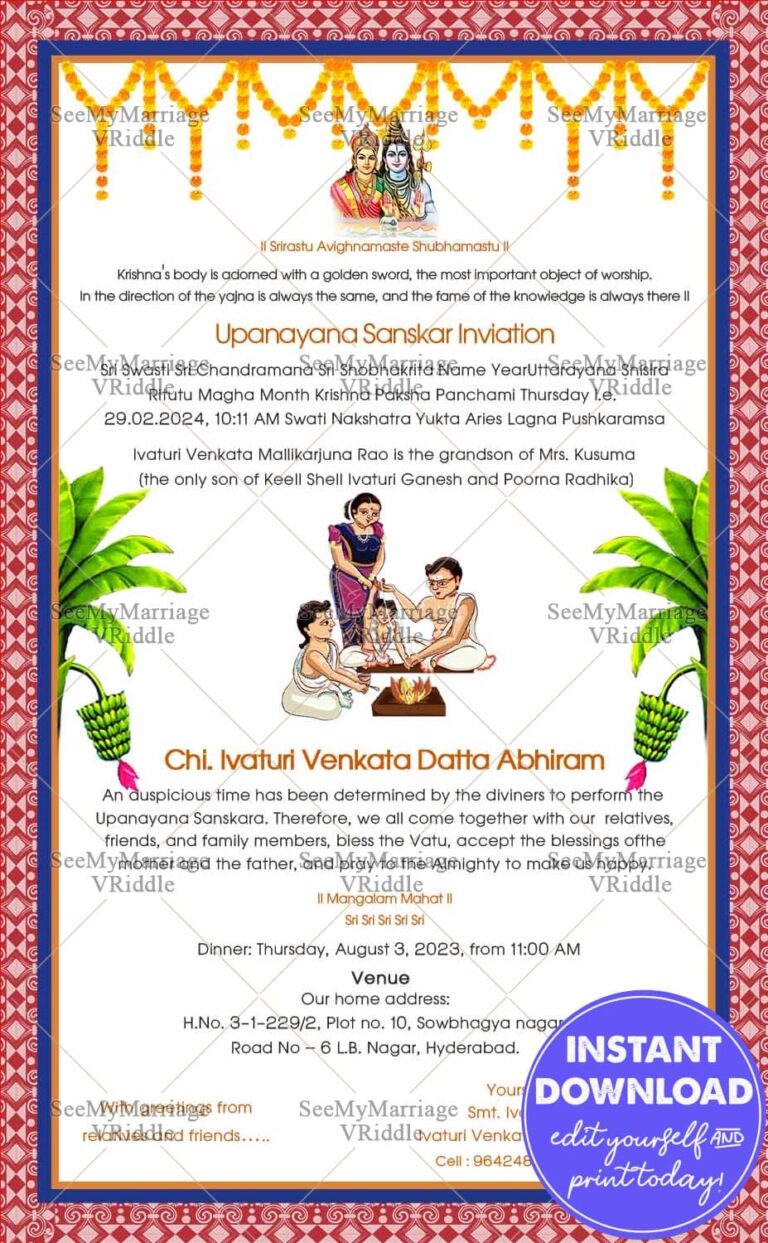 White Theme Upanayana Ceremony Invitation with Family members and Banyan Trees