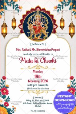 Elegant Mata Ki Chowki Invitation with Durga Mata Illustration and Festive Decor