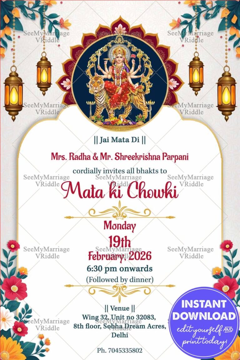 Elegant Mata Ki Chowki Invitation with Durga Mata Illustration and Festive Decor