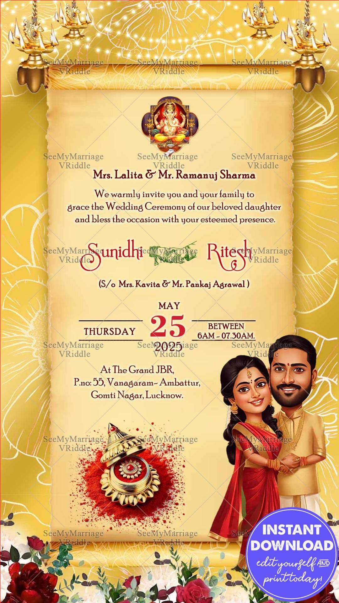 Golden Scroll Wedding Invitation Card with Couple Illustration and Ganesh Blessings