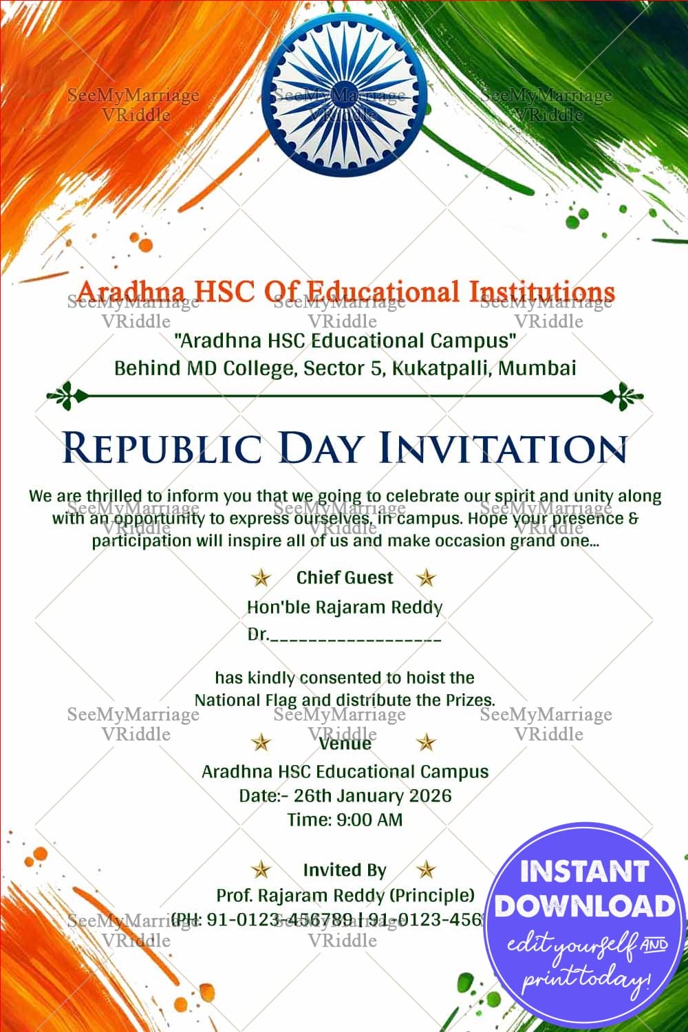 Patriotic Desigh Republic Day Invitation card with Flag Hoisting