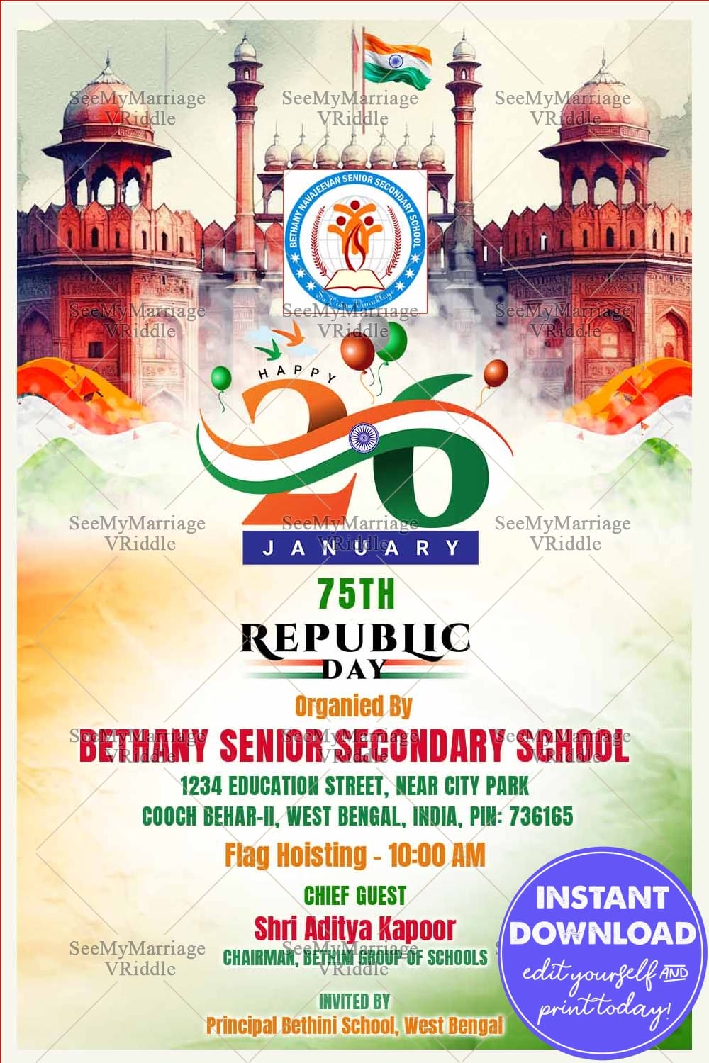 Red Fort-Themed Republic Day Flag Hoisting Invitation card