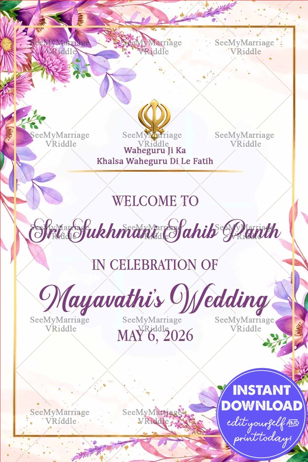 Graceful Sukhmani Sahib Path Welcome Poster with Purple and Pink Flowers