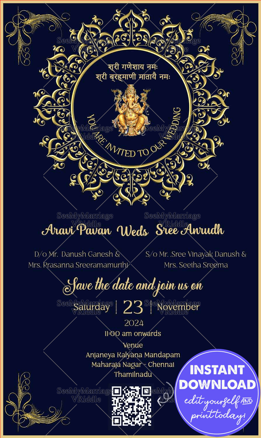 Navy and Glod Themed Wedding Invitation Card with QR Code and Ganesh Blessings
