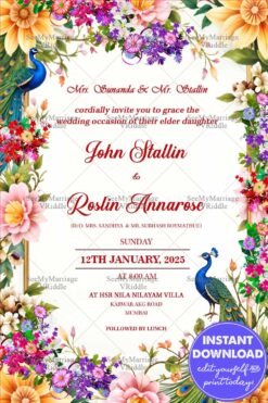Beautiful Floral Accents Wedding Invitation with Peacock Illustration