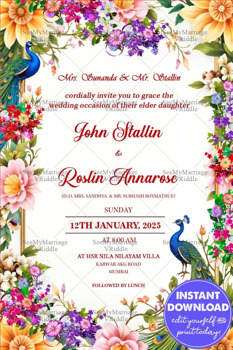 Beautiful Floral Accents Wedding Invitation with Peacock Illustration