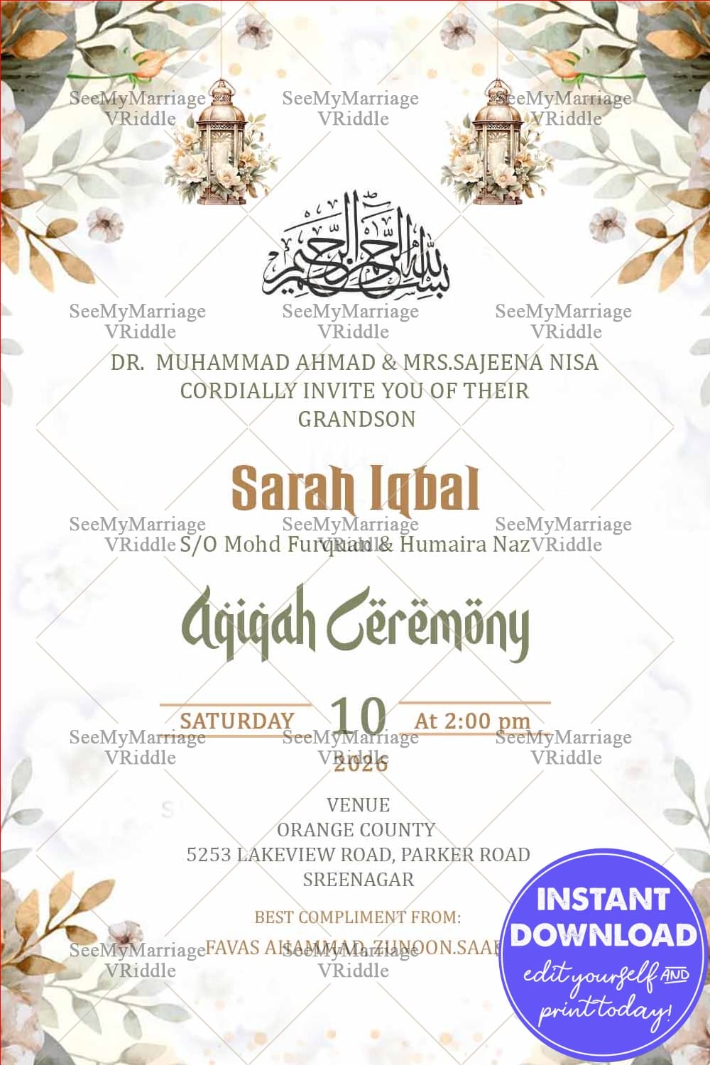 Elegant Aqiqah Ceremony Card Design with Beautiful Lantern & Leafy Floral Aesthetic