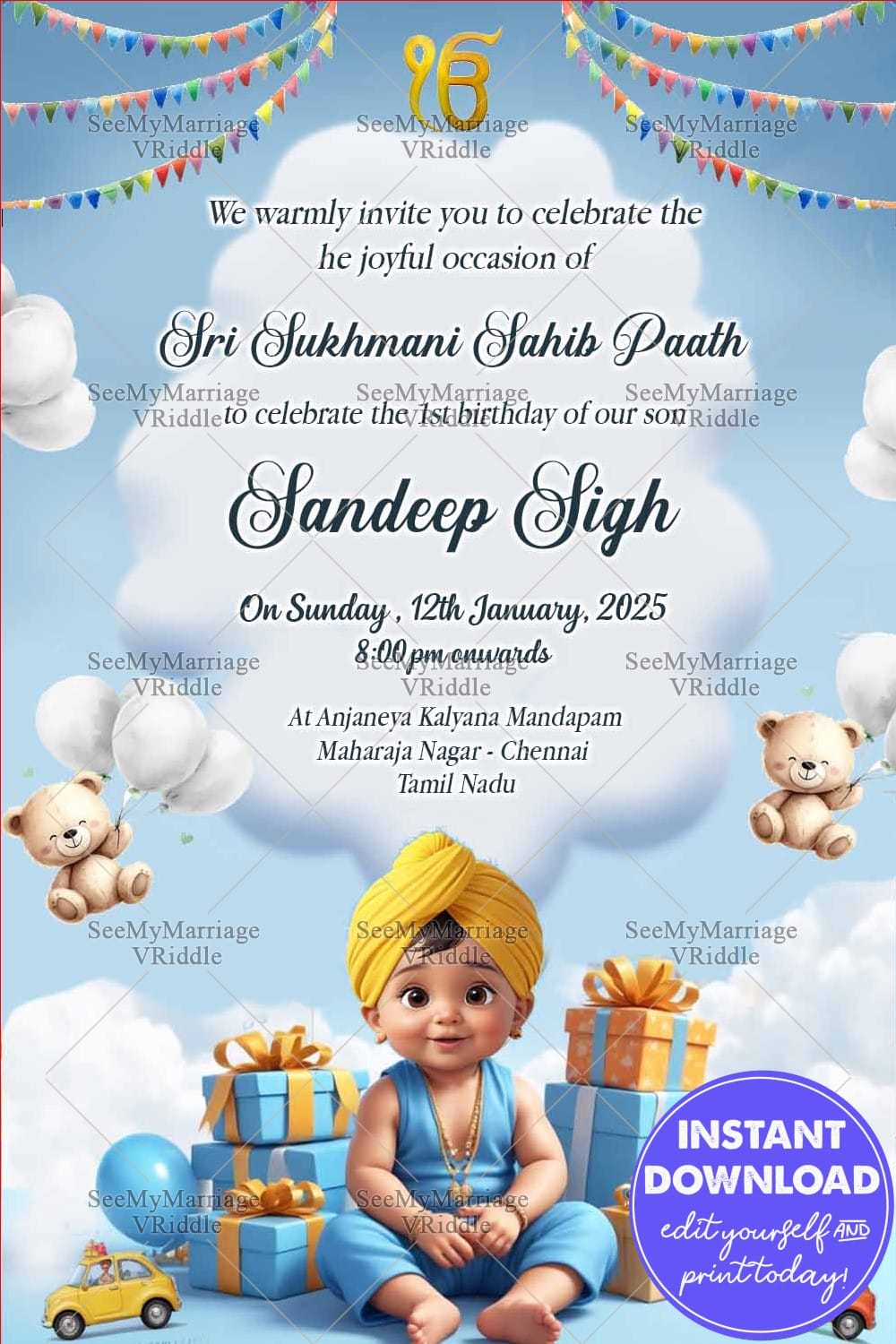 Joyful Theme Sri Sukhmani Sahib Paath & First Birthday Invitation with Baby Illustration, Gifts and Balloons