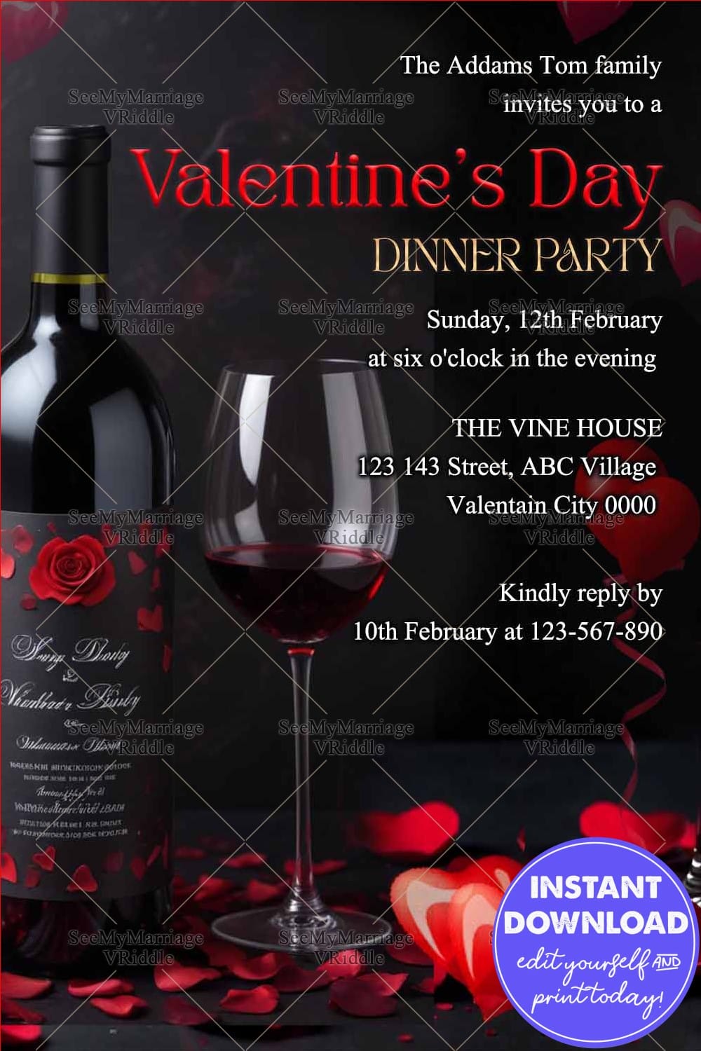 Luxury Wine-Themed Valentine's Day Invitation with Dinner Party & Romantic Dark Elegance