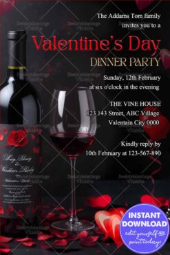 Luxury Wine-Themed Valentine's Day Invitation with Dinner Party & Romantic Dark Elegance