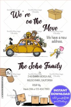 Moving Announcement Card with Fun Cartoon Family & Packed Car Theme