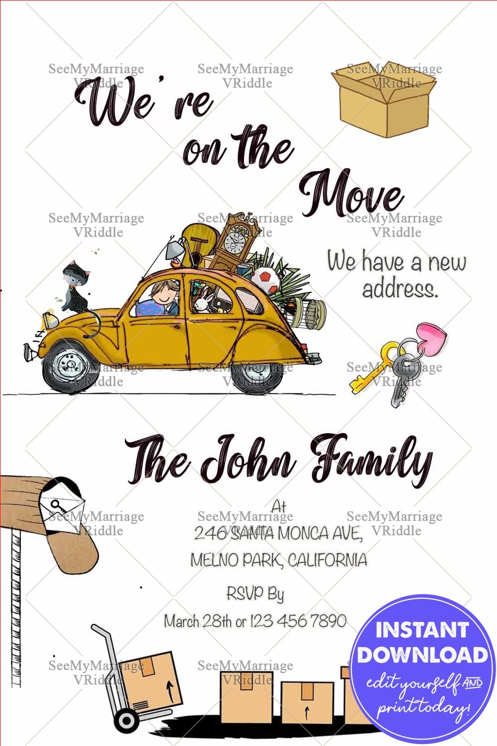 Moving Announcement Card with Fun Cartoon Family & Packed Car Theme