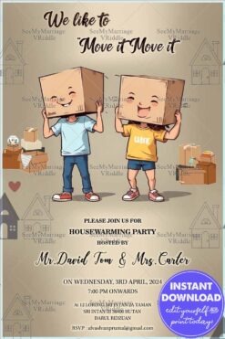 Playful Moving Announcement Card with Cute Box Head Characters