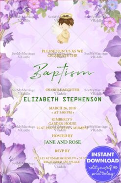 Lavender Floral Baptism Announcement with Angel Illustration