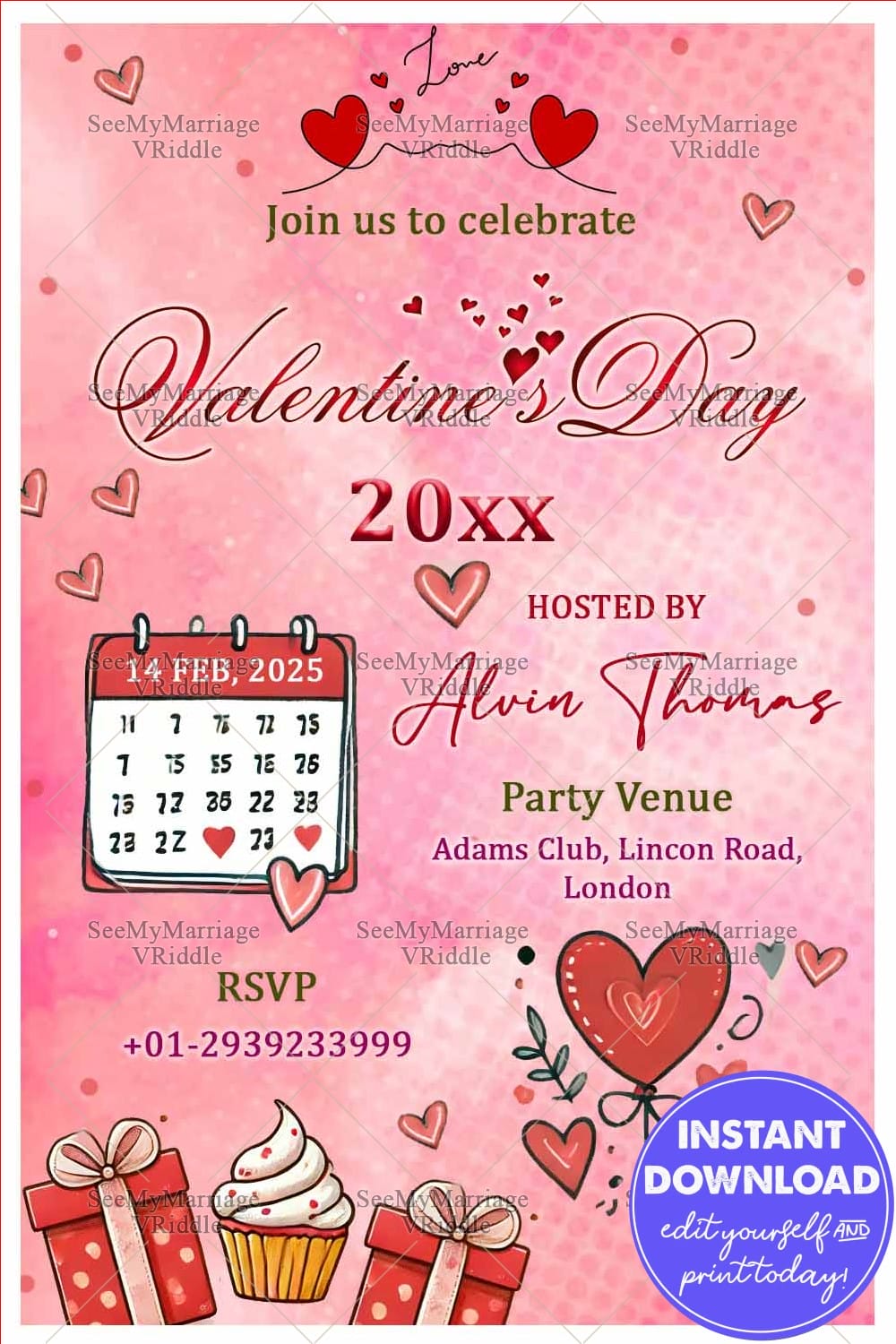 Romantic Valentine's Day Party Invitation with Hearts, Calendar & RSVP Details