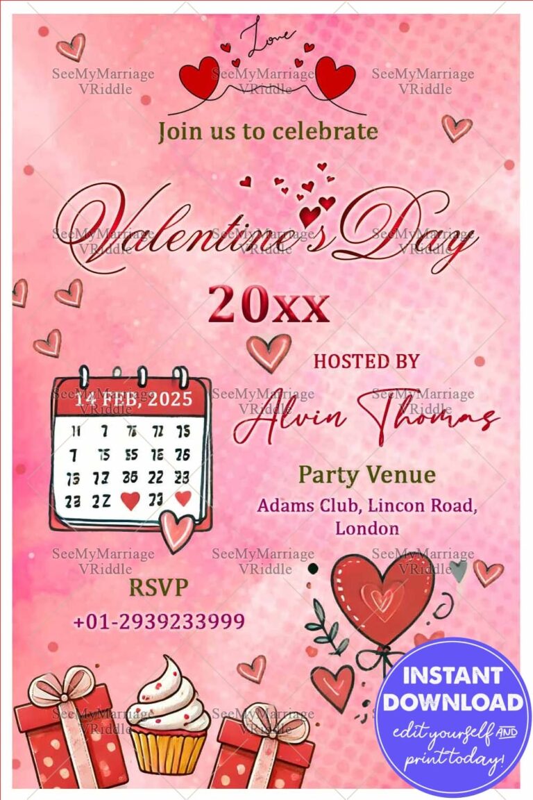 Romantic Valentine's Day Party Invitation with Hearts, Calendar & RSVP Details