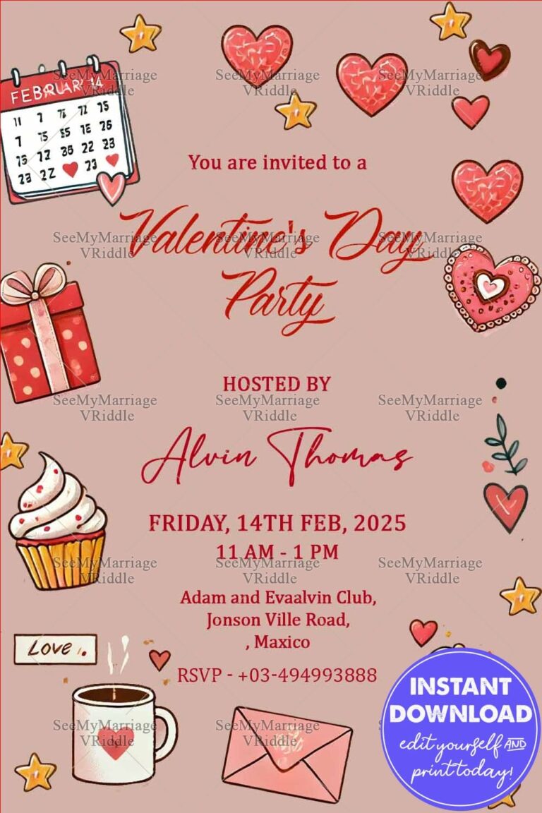Elegant Valentine's Day Invitation with Gifts, Cupcake & RSVP Details