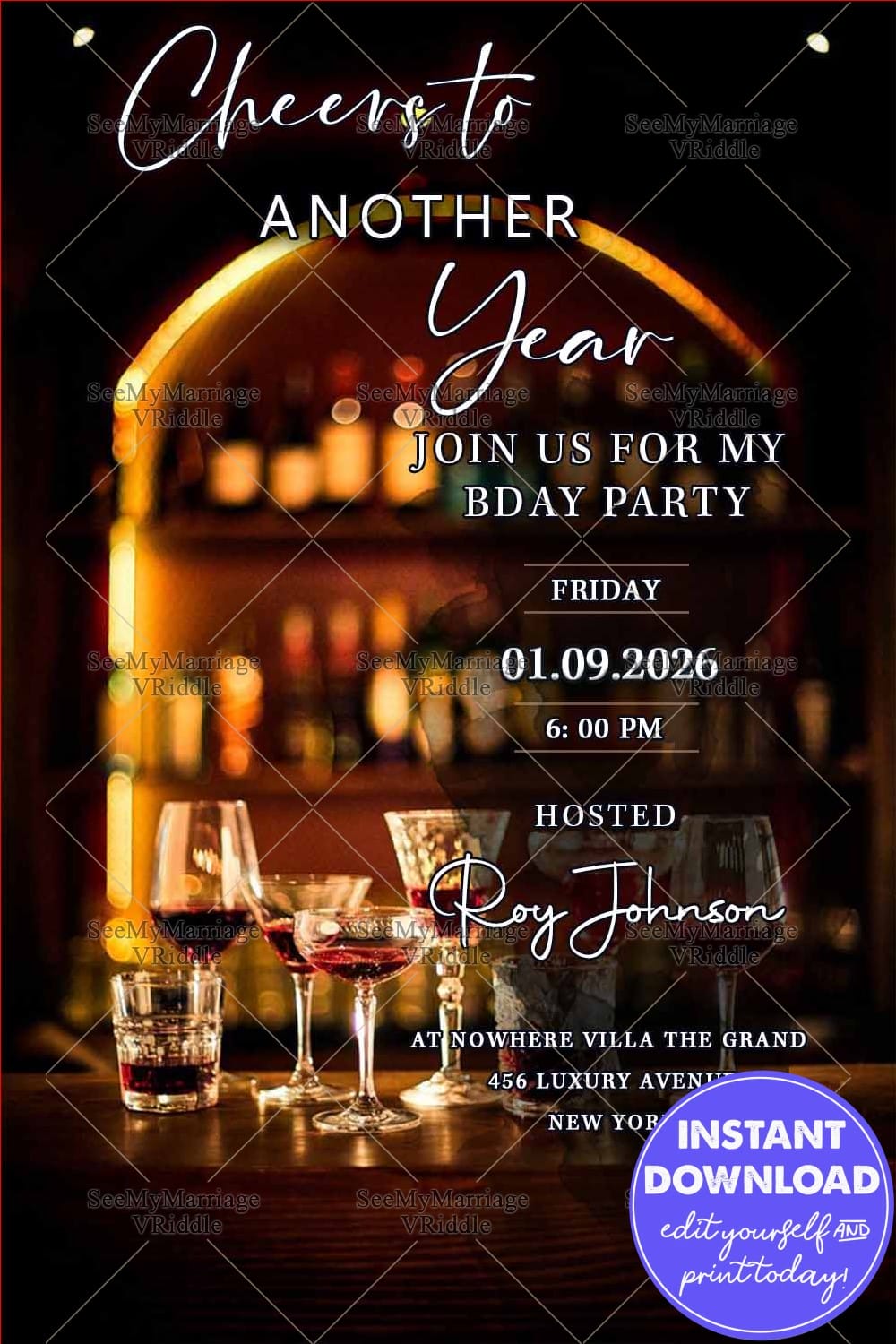 Luxurious Birthday Invitation Design with Stylish Wine & Bar-Themed