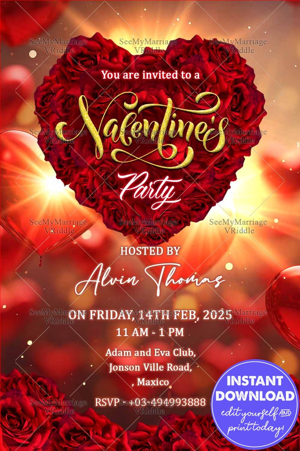 Heartfelt Design Valentine's Day Party Invitation with Floral Heart & Festive Details