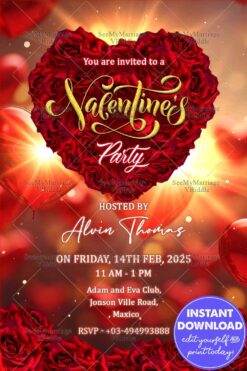 Heartfelt Design Valentine's Day Party Invitation with Floral Heart & Festive Details