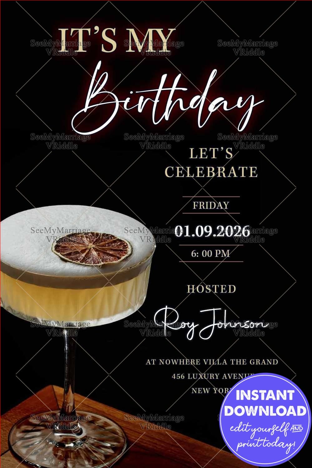 Elegant Black Theme Birthday Celebration Design with Cocktail