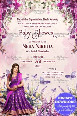 Charming Baby Shower Invitation with Mother Illustration, Whimsical Butterfly Accents and Purple-Themed Design