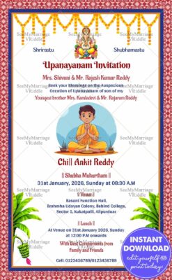 Hindu Upanayanam Invitation Card with Traditional Pooja Theme, Boy Illustration & Festive Decor