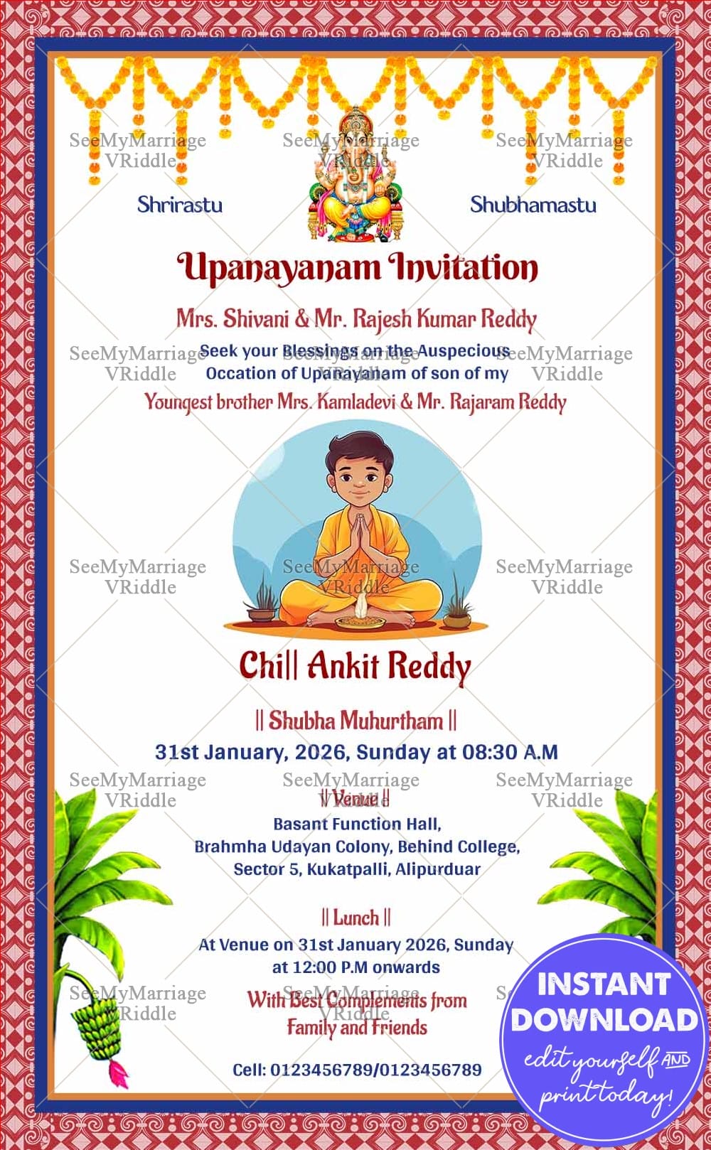Hindu Upanayanam Invitation Card with Traditional Pooja Theme, Boy Illustration & Festive Decor