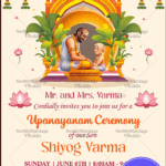 Sacred Upanayanam Invitation with Guru-Boy Illustration, Lotus Motifs, and Vibrant Arch