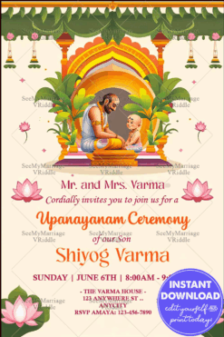 Sacred Upanayanam Invitation with Guru-Boy Illustration, Lotus Motifs, and Vibrant Arch