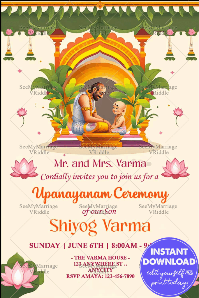 Sacred Upanayanam Invitation with Guru-Boy Illustration, Lotus Motifs, and Vibrant Arch
