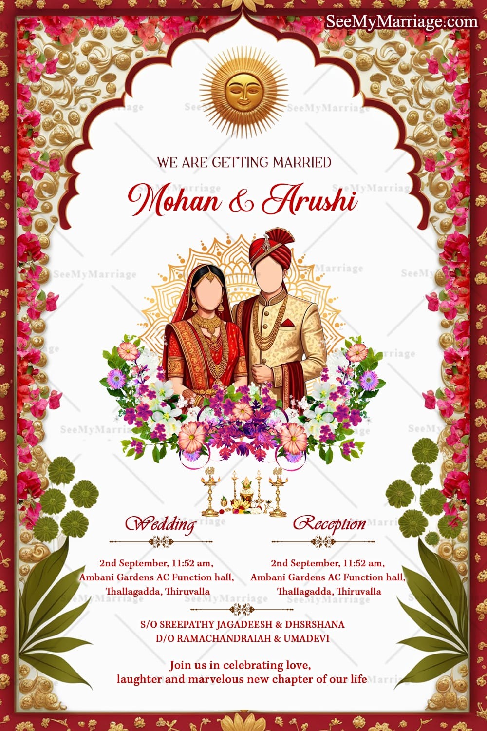 Royal Indian Wedding Invitation Card with Bride & Groom Illustration & Cultural Elements