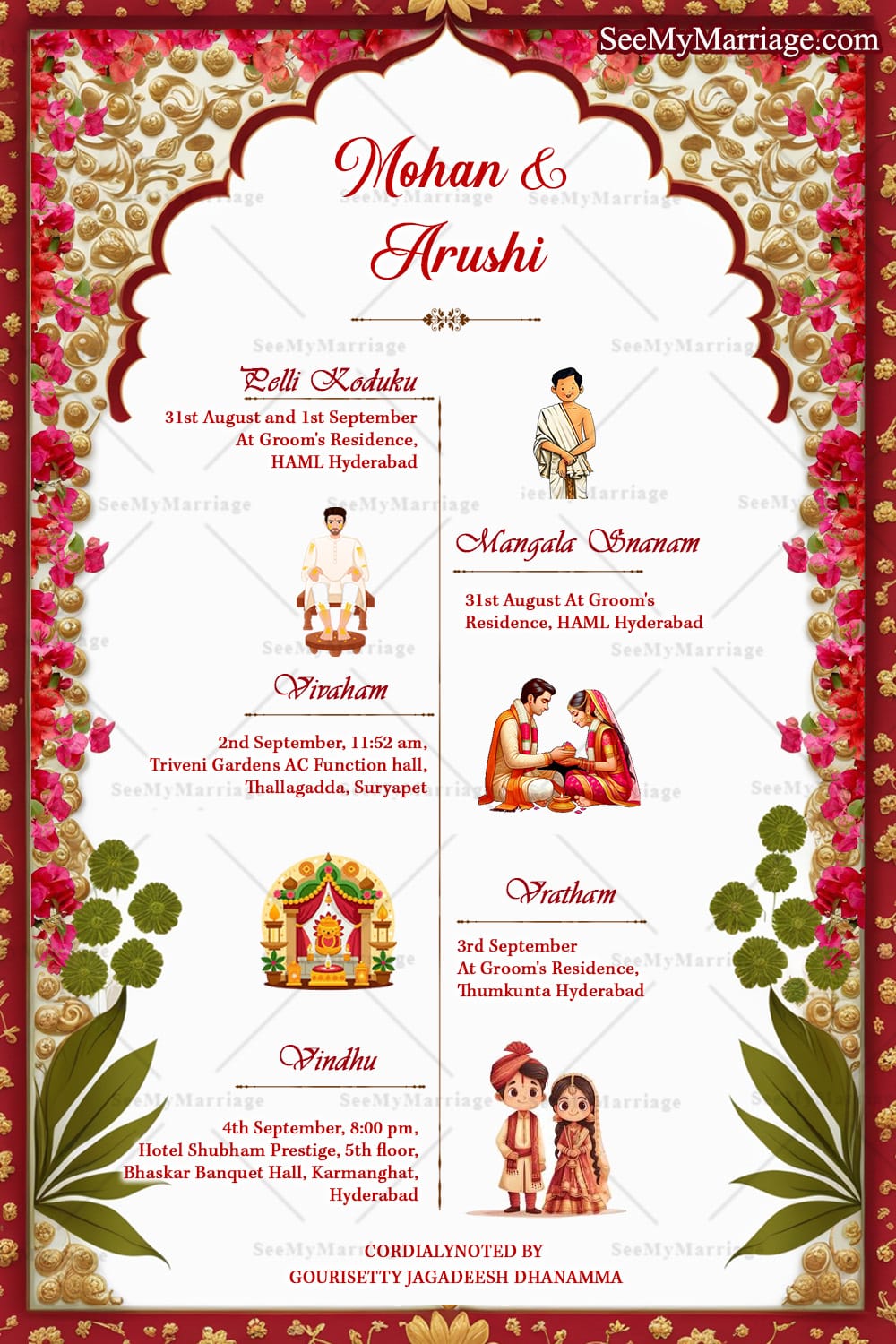 Royal Indian Wedding Invitation Card with Bride & Groom Illustration & Cultural Elements