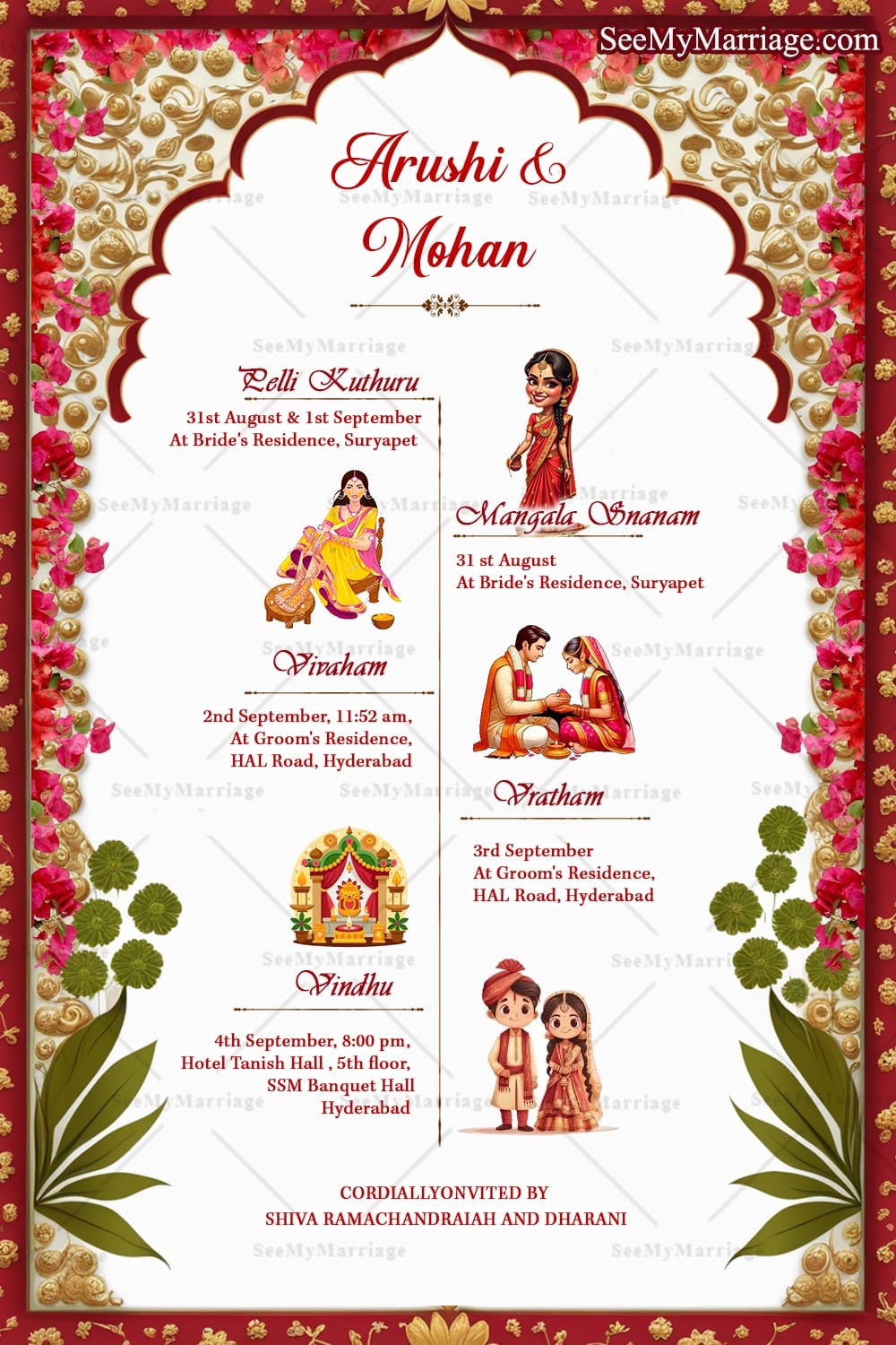 Royal Indian Wedding Invitation Card with Bride & Groom Illustration & Cultural Elements