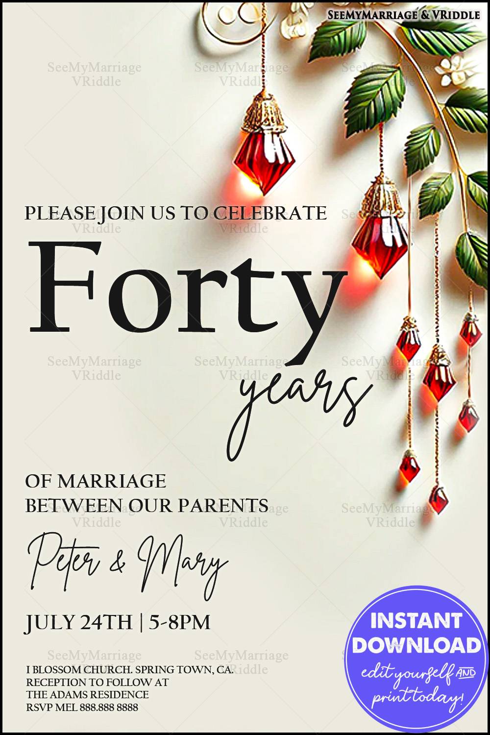 40th Wedding Anniversary Invitation with Red Hanging Ornaments and Elegant Greenery Accents