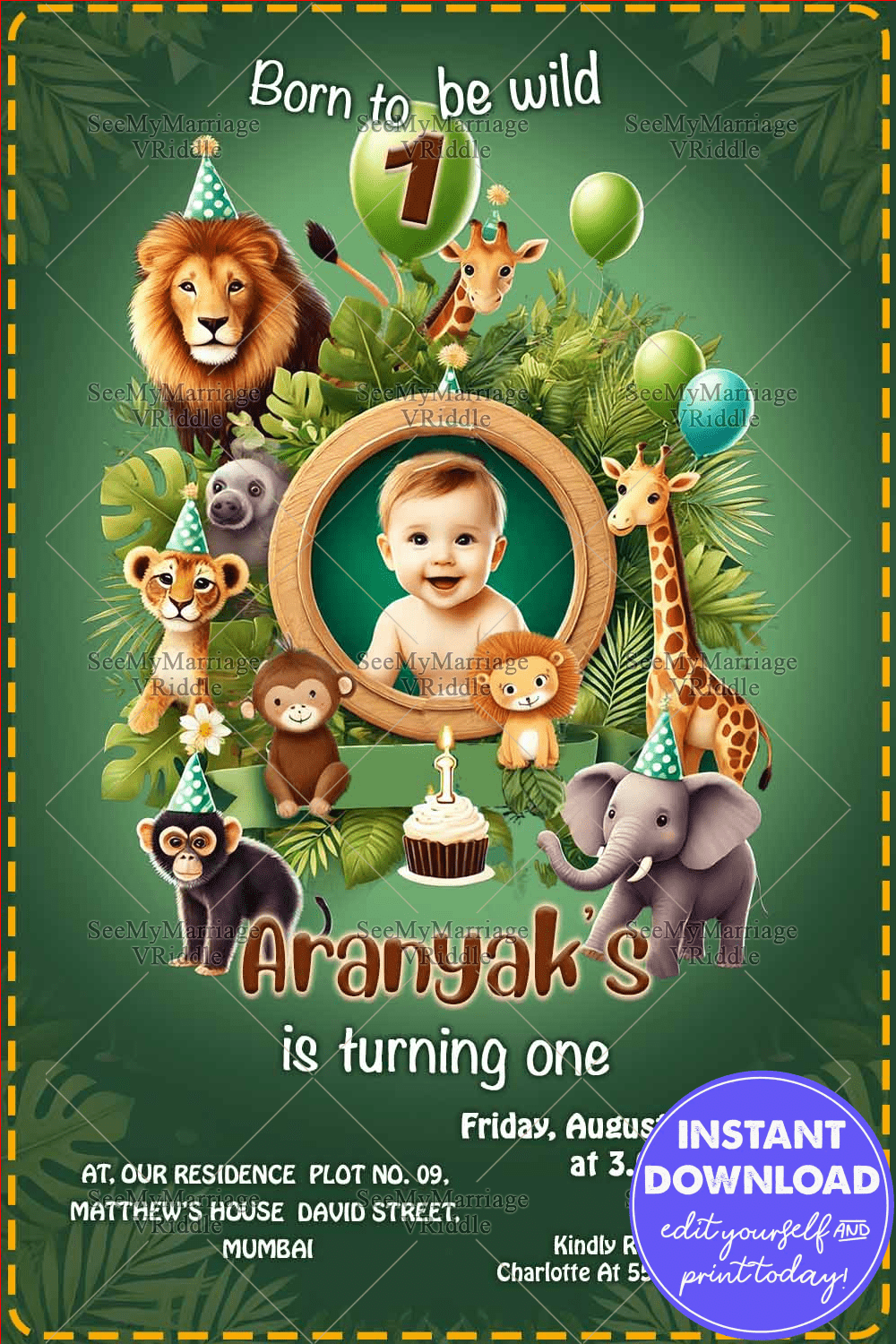 Adorable Jungle-Themed Birthday Invitation Card with Lush Greenery and Baby Photo