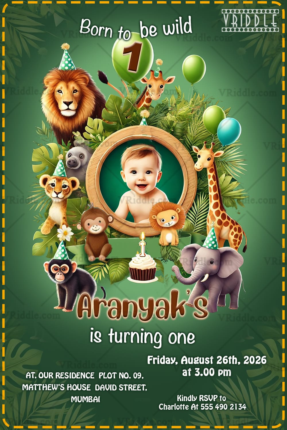 Adorable Jungle-Themed Birthday Invitation Card with Lush Greenery and Baby Photo
