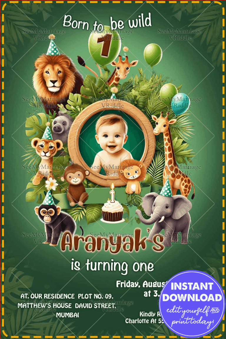 Adorable Jungle-Themed Birthday Invitation Card with Lush Greenery and Baby Photo