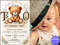 Adorable Teddy Bear-Themed 2nd Birthday Invitation with Floral Accents and Playful Details